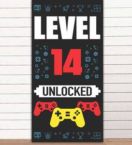 lot 31168 image: Level 14th Unlocked Happy 14th Birthday Level Up Banner Backdrop Background Photo Booth Props Video Games Gamepad Teen Theme Decor for Boys Girls 14th Birthday Party Favors Supplies Decorations - Retail $7