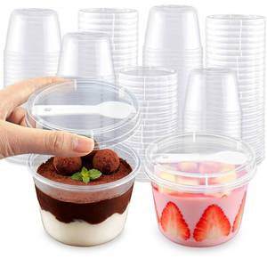 lot 32561 image: Nefocar 100 Pack 8oz Plastic Dessert Cups with Lids and Spoons, Clear Yogurt ParfaitAppetizer Cup with Lids for Party, Mini Round Dessert Cups with Spoons for PuddingJelloMilkshakeFruitIce Cream - Retail $41
