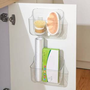 lot 32576 image: Veefos 2 Pack Adhesive Cabinet Door Organizer, Compact Kitchen Under Sink Organizer, Clear Lid Storage Container for Pantry Shelves, Wall Mounted Bathroom Shower Caddy Hanging Closet Organizer - Retail $15