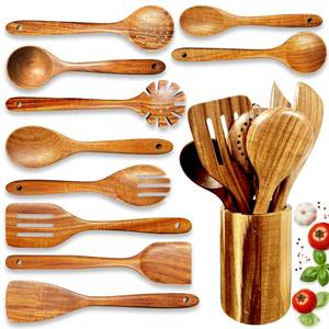 lot 32581 image: Home Hero Wooden Utensil Set 11 Pcs Natural Teak Wooden Kitchen Utensils Set with Sturdy, Easy-to-Clean Wooden Spoons for Cooking Non-Scratch Teak Cooking Utensils (11 pcs) - Retail $35