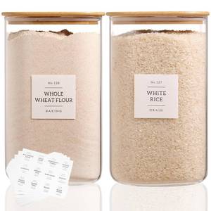lot 62115 image: 2 Pack large Square Glass Flour and Sugar Containers with 132 Kitchen Pantry Labels - Thicken 149 floz Glass Storage Jars with Airtight Bamboo Lid - Big Rice Canisters for Coffee, Pasta, Cereal - Retail $38