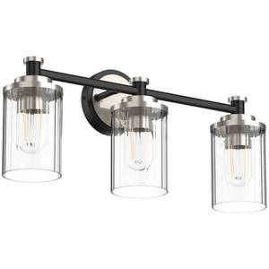 lot 62120 image: PHIXART Bathroom Lighting Fixtures Black and Brushed Nickel Bathroom Vanity Light with Cylindrical Clear Stripes Glass Lampshade E26 Socket Base Bathroom Lighting Fixtures Over Mirror (3 Lights) - Retail $80