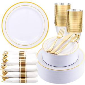 lot 62661 image: WDF Partyware 350Piece Gold Dinnerware Set for 50 Guests - Gold Plastic Plates with Disposable Cutlery - 50Dinner Plates-50Dessert Plates-50Pre Rolled Napkins with Silverware for WeddingBirthday - Retail $60