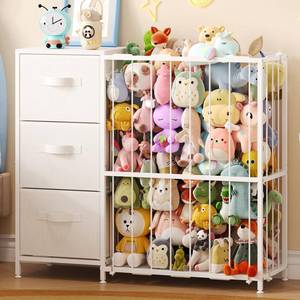 lot 62666 image: Metal Stuffed Animal Storage Organizer with 3 Fabric Drawers, 28 Heavy Duty Iron Stuffed Animal Holder Tower Zoo Cage for Kids Room & Playroom Organization