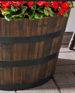 lot 44011 image: Vigoro Jackson Extra Large Dark Brown Wood Barrel Planter - Retail $45
