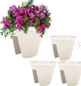 lot 44023 image: 12 inch White Plastic Rattan Pattern Balcony Railing Planter Box 4-Pack - Retail $25