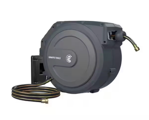 lot 44041 image: Garden Retractable Hose Reel-12 in.-100 ft.,Mental Bracket, Wall Mounted, Dark Grey - Retail $170