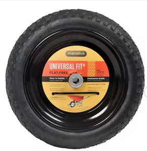 lot 44092 image: Marathon 14.5 inch Flat Free Universal Wheelbarrow Tire and Wheel Assembly - Retail $55