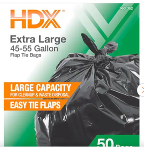 lot 44093 image: HDX 50 Gallon Black Extra Large Trash Bags with Flap Tie - 50 Count - Retail $20