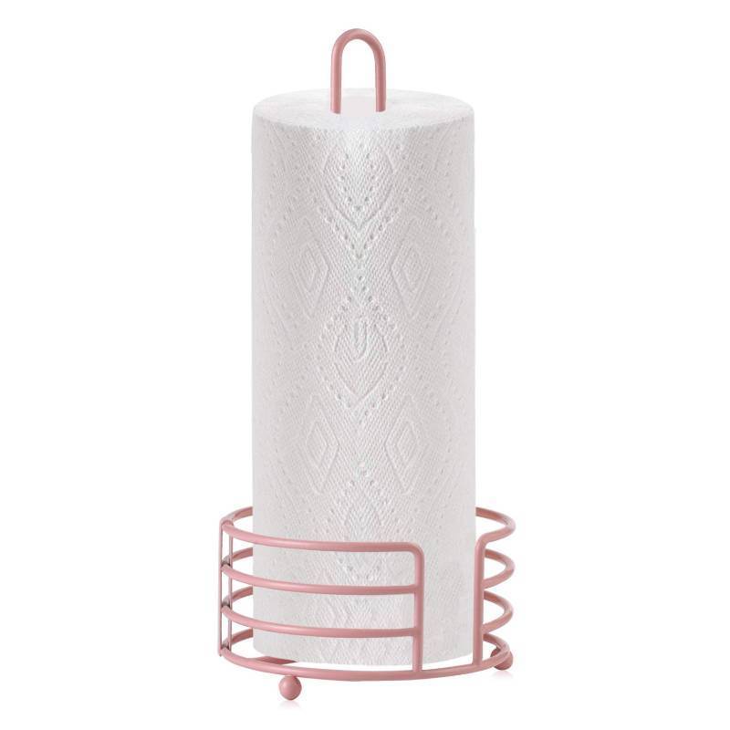 lot 23130 image: Buruis Paper Towel Holder for Countertop, Metal Standing Paper Towel Dispenser with U-Shape Handle and Stable Base, Pink - Retail $20