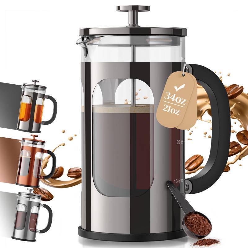 lot 24513 image: Veken French Press Coffee Maker 34oz, No Plastic Touching Cafe,Thickened Glass Stainless Steel Brewer, Cold Brew Cafetera Tea pot for Kitchen Travel Camping, Gifts, Decor, Bar Accessories, Dark Pewter - Retail $25