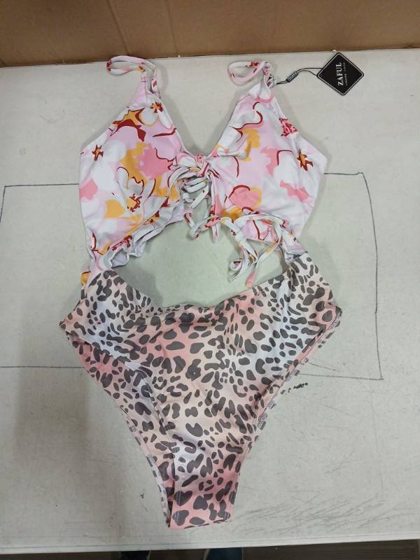 lot 31010 image: Zaful Womens One Piece Swimsuit Ribbed Open Back Tummy Control So Neck Adjustable Straps High Cut Swimwear Pink Leopard XL