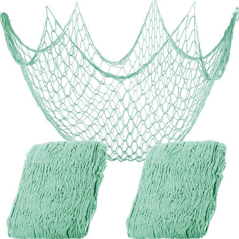 lot 31035 image: Shappy 2 Pcs Fish Net Decorative 80 x 40 Inch, Wall Hanging Fishnet for Mermaid, Pirate, Nautical, Under the Sea Party Decoration Ocean Themed Hawaii Beach Birthday Halloween Party Supplies(Aqua) - Retail $10
