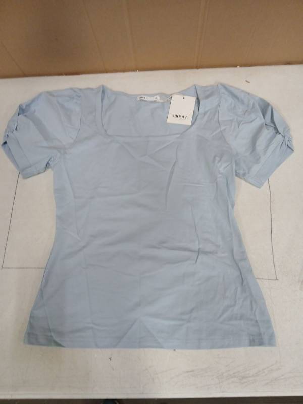 lot 31082 image: MIHOLL Womens Light Blue Square Neck Top with Ruched Sleeves Size XL - Retail $15