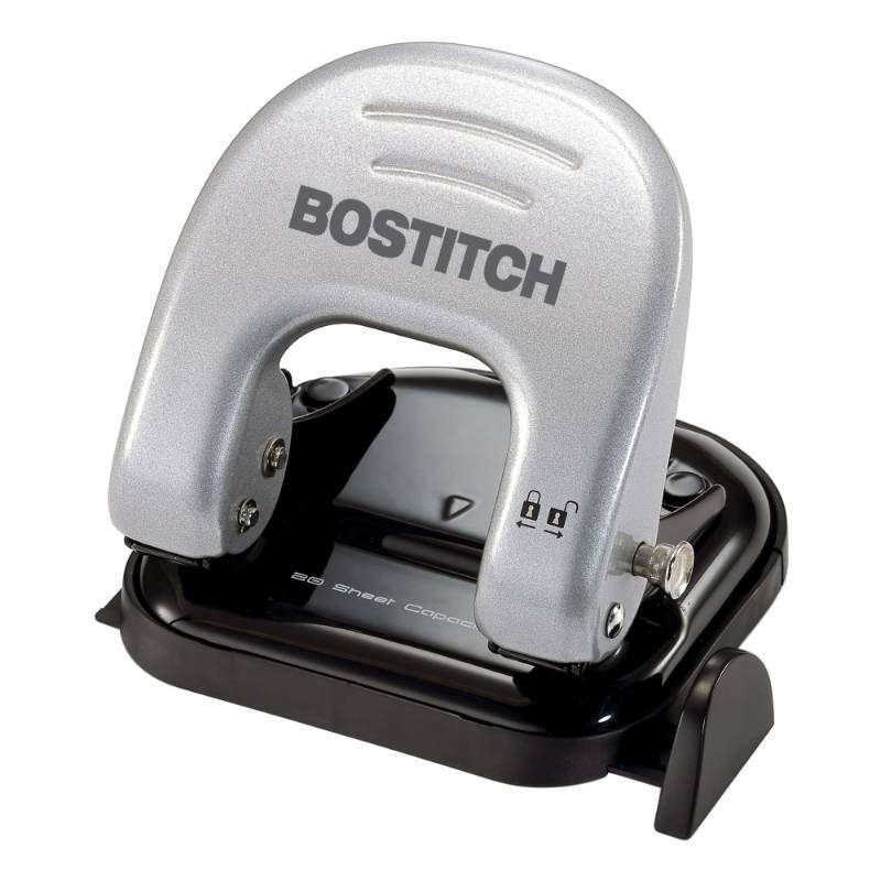lot 23078 image: Bostitch Office EZ Squeeze Reduced Effort 2-Hole Punch, 2 Sheets, Locking Handle, Silver (231) - Retail $14