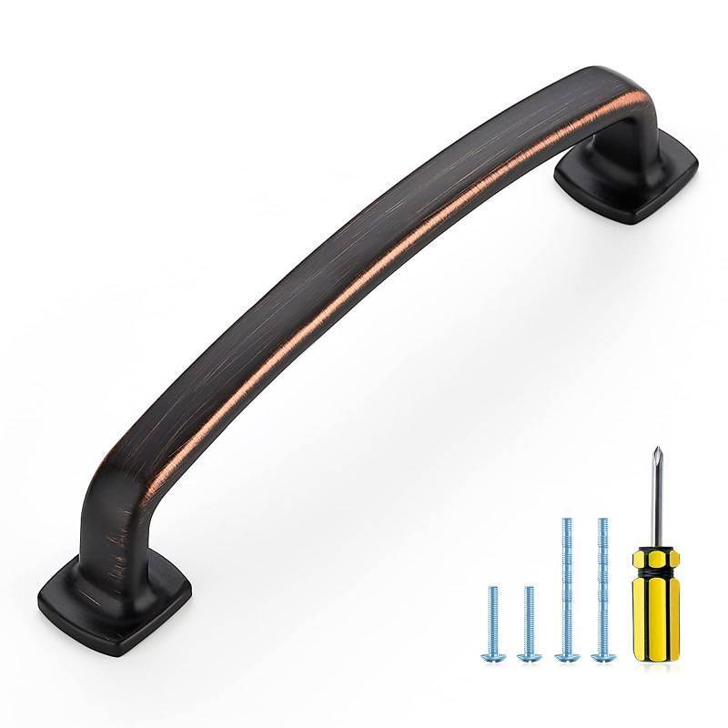 lot 24336 image: Ravinte Arch Cabinet Pulls Solid 10 Pack 5 Inch Oil Rubbed Bronze Kitchen Cabinet Handles Flat Square Foot Curved Drawer Pulls Hardware for Kitchen Cabinet - Retail $31