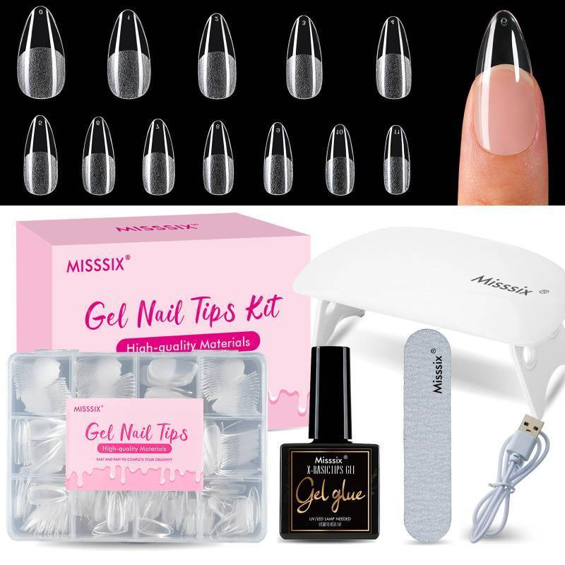 lot 30424 image: Misssix Medium Almond Gel Nail Tips Kit, 216Pcs Pre Etched Clear Fake Nails, Full Cover False Nail 9-in-1 Gel Glue and Portable Mini U V Nail Lamp for Women 12 Sizes - Retail $10
