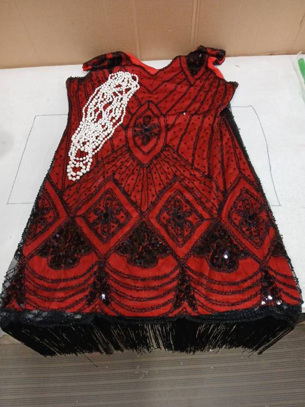 lot 30784 image: Red Sequined Dance Flapper Dress Costume with Black Fringe XL - Retail $45