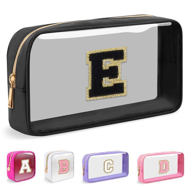 lot 30857 image: Small Clear Personalized Initial Makeup Bag,Nylon Preppy A-Z Chenille Letter Patch Cosmetic Pouch Beach Toiletry Bag,Waterproof Zipper Travel Purse Storage Bag Organizer for Women Girls(Black-Black E) - Retail $15