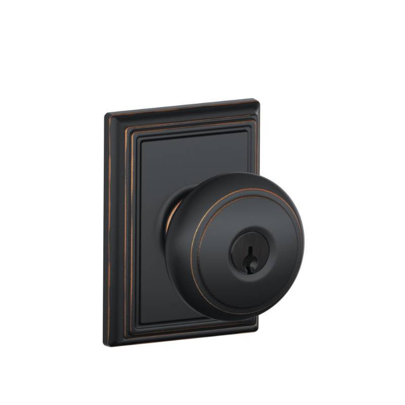 lot 24424 image: Schlage F51A AND 716 ADD Andover Door Knob with Addison Trim, Keyed Entry Lock, Aged Bronze - Retail $32
