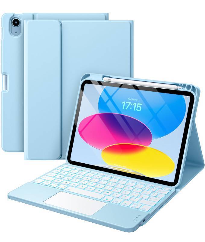 lot 24476 image: Harvopu Compatible for iPad 11th 10th Generation Case with Keyboard, Folio Cover with Pencil Holder, Multi-Touch Trackpad, 7 Color Backlit, Detachable Keyboard for iPad (A16) 11th10th Gen (Sky Blue) - Retail $33