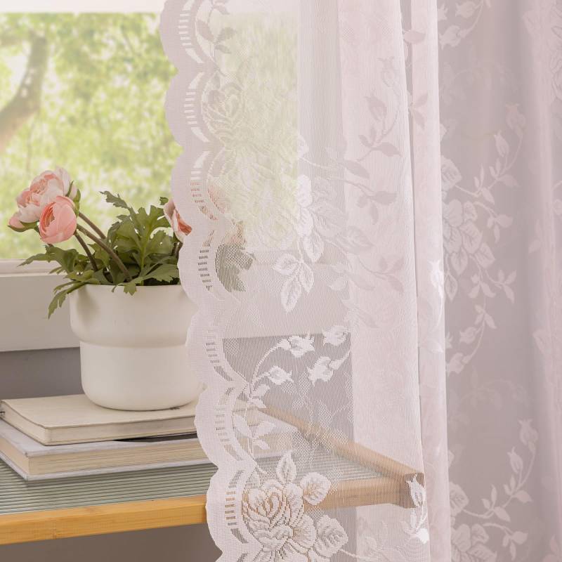 lot 24490 image: YJ YANJUN Pink Lace Curtains 63 inch Length Vintage Victorian Floral Sheer Drapes for Dining Living Room Bedroom, 2 Panels Light Filtering Romantic Shabby Chic Feminine Girls Room Decor W52 X L63 - Retail $25