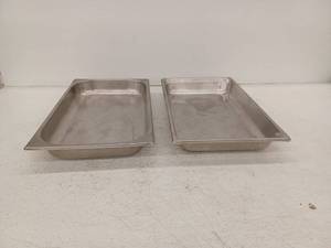 lot 15029 image: 2 Stainless Steel Hotel Pans Commercial Food Service Trays Approximately L(21)W(13)H(2)