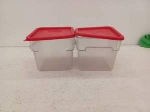 lot 15030 image: 2 Clear Plastic Food Storage Containers with Red Lids