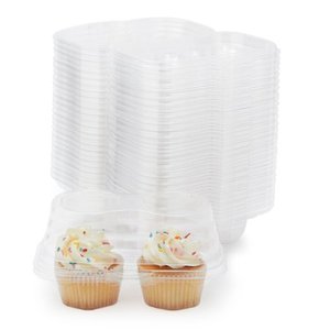 lot 15041 image: 50 Pack 2 Compartment Clear Plastic Cupcake Holder Boxes Bulk  Mini Dessert Containers with Lids  6.75 x 3.5 in