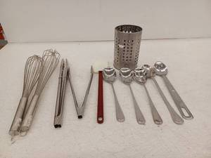 lot 15046 image: Stainless Steel Kitchen Utensil Set with Serving Spoons and Whisk