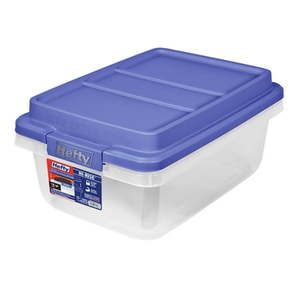 lot 15049 image: Hefty 18 Quart Clear Plastic Latched Storage Bin with Blue HI-RISE Lid
