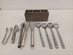 lot 15052 image: Stainless Steel Kitchen Utensil Set with Wooden Storage Caddy