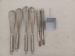 lot 15053 image: Stainless Steel Kitchen Utensil Set with Whisks Tongs and Spatula