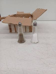 lot 15063 image: Glass 12 Salt and 12 Pepper Shakers With Metal Tops