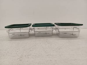 lot 39334 image: 3 (2 Quart) Commercial Food Storage Containers with Green Lids