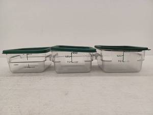 lot 39335 image: 3 (2 Quart) Commercial Food Storage Containers with Green Lids
