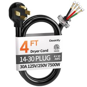 lot 23350 image: Deeklify 4 ft 4 Prong Dryer Cord, 30Amp 10 Gauge Dryer Power Cord Replacement, Pure Copper 4-Wire Dryer Cord with NEMA 14-30P Plug and O-Ring Terminals, 250V 7500W, ETL Listed, Black STW - Retail $22