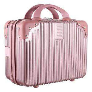 lot 23360 image: 14 Inch Hard Shell Makeup Case, Portable Mini Makeup Suitcase for Hand Luggage with Elastic Band, Pressure-proof Makeup Carrying Case, Lightweight Small Hard Shell Cosmetic Travel Case (Champagne) - Retail $28