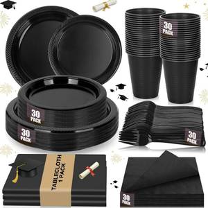 lot 24938 image: CLIYTICA Black Plastic Plates for Party,30 Guest Disposable Plastic Plate Set 9 Plates,7 Dessert Plates,Napkins,Cups,Forks & Tablecloth for Birthday,Halloween,Christmas,Graduations - Retail $24