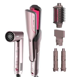 lot 24963 image: Shark FlexFusion Hair Straightener & Powerful Hair Dryer with Fusion Hair Brush, Ceramic Air Styler with Auto-Wrap Curlers & Concentrator, Ceramic Plates, Cosmic Blush HD641S - Retail $400