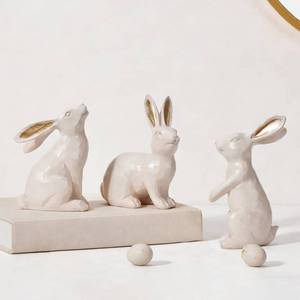lot 24970 image: DN DECONATION Easter Bunny Figurines, Small Decorative Bunny Statue Set of 3, Beige & Gold Easter Rabbit for Modern Tabletop Decor Home Spring Decoration Gift, Resin Sculptures Decor - Retail $18