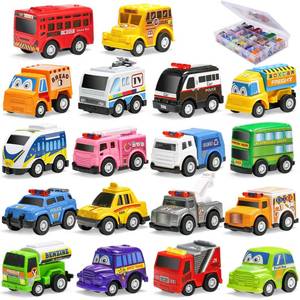 lot 24971 image: 18 Pack Assorted Pull Back Car Toys for Kid with Storage Organizer Box, Mini Model Vehicle Set with Display Case for Child Toddler, Small Play Truck Bulk for Boy and Girl Party Favors, Birthday Gift - Retail $19