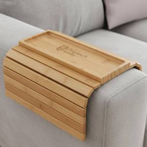 lot 24979 image: Protech Unity Bamboo Sofa Arm Tray Flexible Couch Armrest Table with Non-Slip Drink Holder, Fits Straight Arm Sofas, No Assembly Required - Retail $26