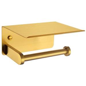 lot 24985 image: APLusee Brushed Gold Toilet Paper Holder with Shelf, 304 Stainless Steel Wall Mounted Compact Bathroom Tissue Hanger - Retail $24
