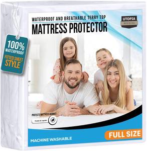lot 24989 image: Full Size Mattress Protector Waterproof, Premium 200 GSM Terry Mattress Cover, Soft & Breathable Bed Cover, Fitted Sheet Style Stretchable Deep Pockets 15 by Utopia Bedding (White Full) - Retail $21