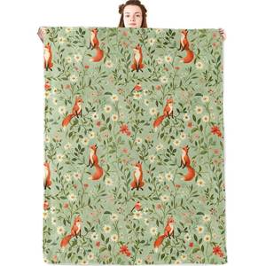 lot 24996 image: jwyta Cute Fox Flannel Blanket,Woodland Animal and Wildflower Throw with Sage Green Background,Lightweight Fleece Blankets for Nature Lover,Couch,Cabin,Bed,Camping Decor Gifts,60x50in - Retail $26