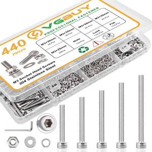 lot 26316 image: VGBUY 440pcs M3 Screw Assortment Kit, M3 Screws Bolts for 3D Printer DIY, Hex Socket Head Cap Screws Bolts Nuts Washer Kit, 304 Stainless Steel, 2530354045mm (Case Not Included) - Retail $10