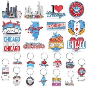 lot 26323 image: Highergo 24 Pcs Chicago Metal Souvenirs Gift 12 Chicago Metal Fridge Magnet Magnetic Stickers 12 Souvenirs Keychains Bottle Opener Keyring Travel Gift for Women Men - Retail $26