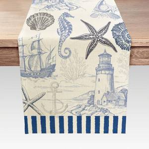 lot 26330 image: DeeCabin Summer Scallops Starfish Coral Coastal Table Runner, Retro Ocean Beach Sea Animals Theme Home Kitchen Dining Blue Nautical Table Runner 13x60IN, Indoor Outdoor Party Decor - Retail $11