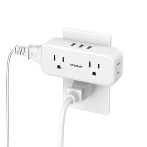 lot 26334 image: Multi Plug Outlet Splitter with USB, TESSAN 4 Electrical Multiple Outlet Extender with 3 USB Ports, Mini Double Plug Expander Surge Protector for Home, Office, Kitchen, Dorm Essentials, White - Retail $19